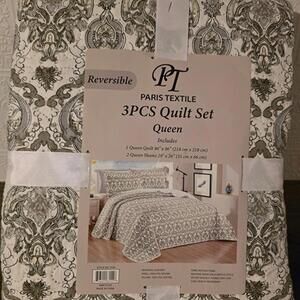Paris Textile Reversible Queen Quilt Set Blue Floral 3 Piece Bedding New